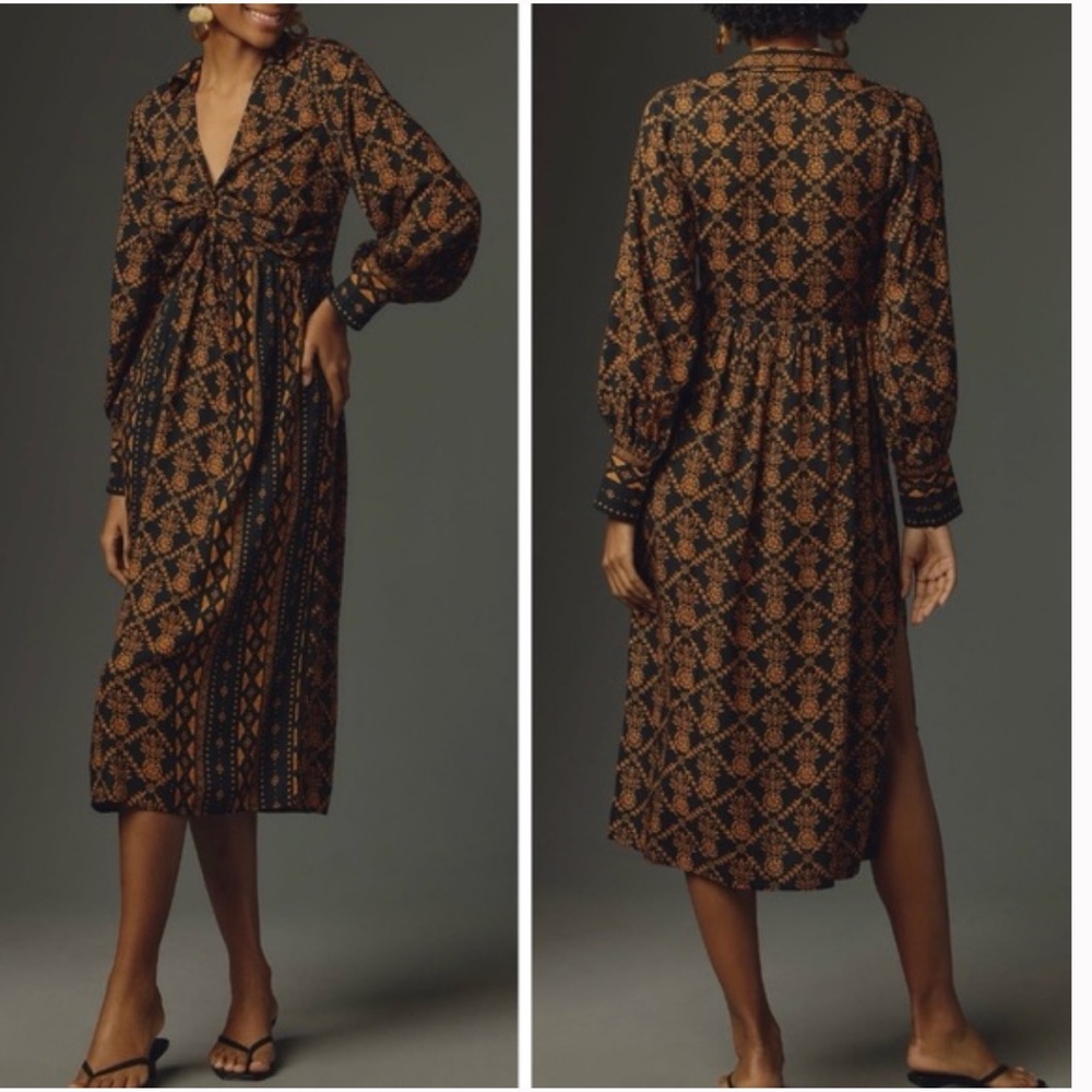 Farm Rio Long-Sleeve V-Neck Printed Tie-Front Midi Dress